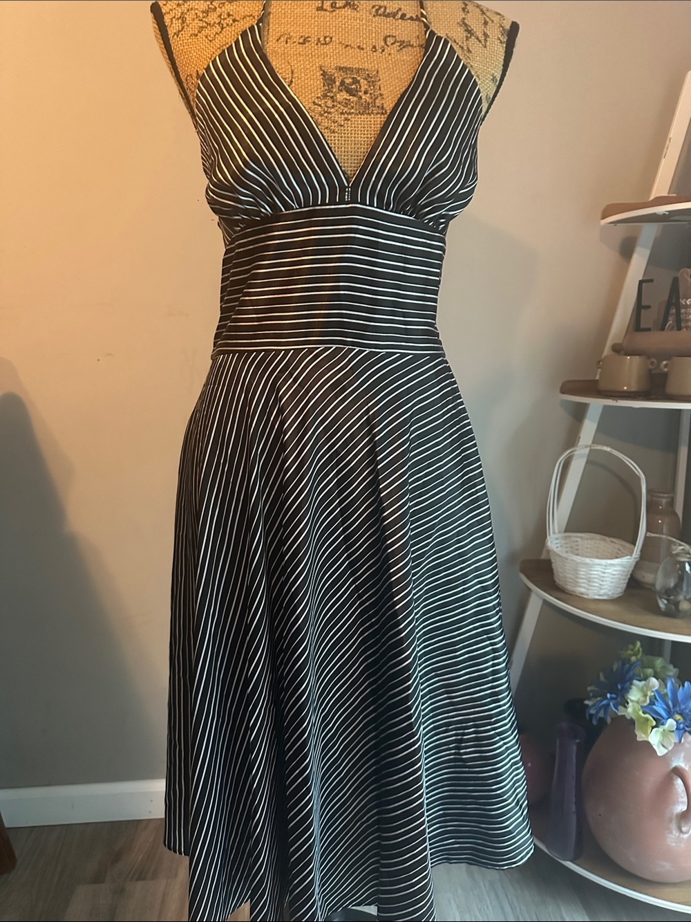Black and White Striped V-Neck Fit & Flare Dress